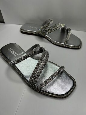 Schutz Giulia Sz 8 Silver Rhinestone Embellished Flat Sandals - New